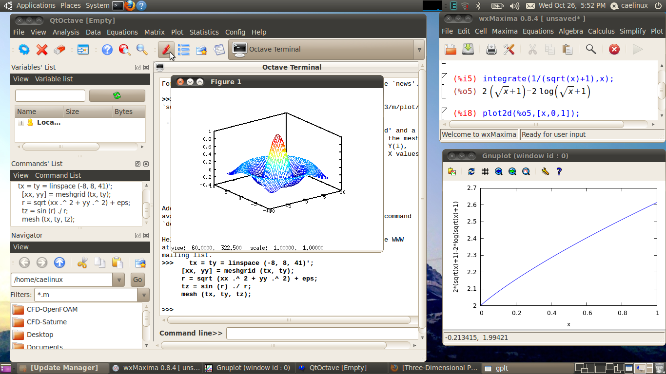 Mathermatical modeling using QtOctave and wxMaxima